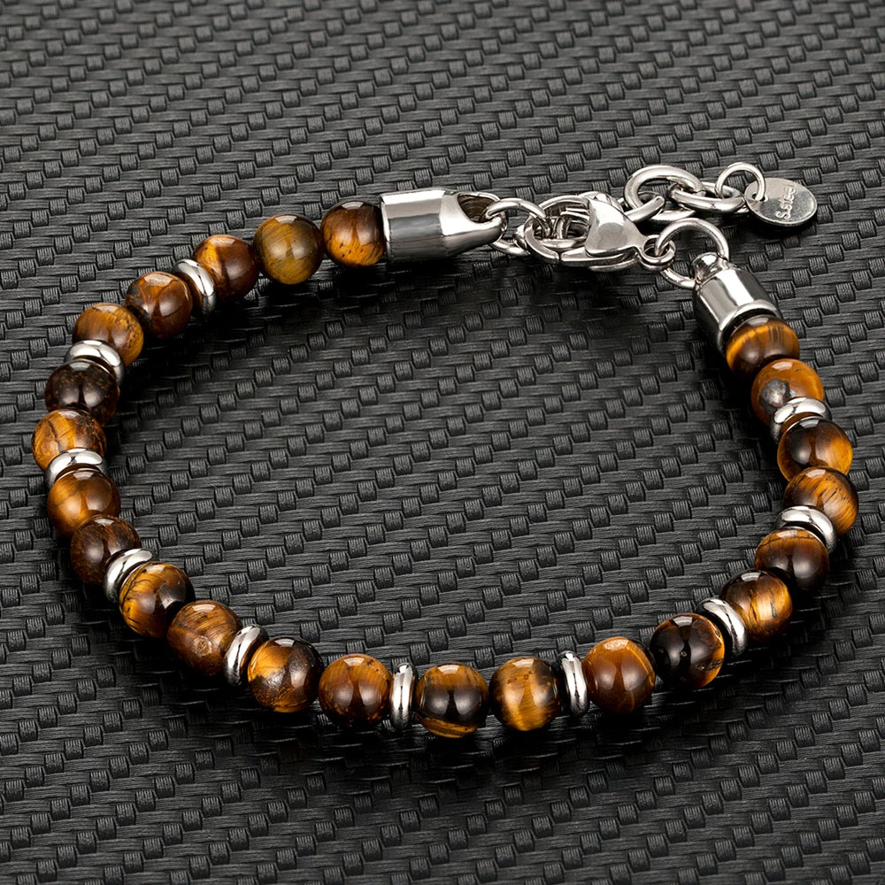 Bracelet Œil de Tigre 6 mm & Chaîne Inox