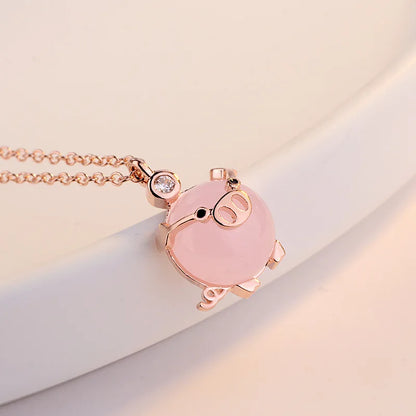 Collier Cochons Quartz Rose Plaqué Or