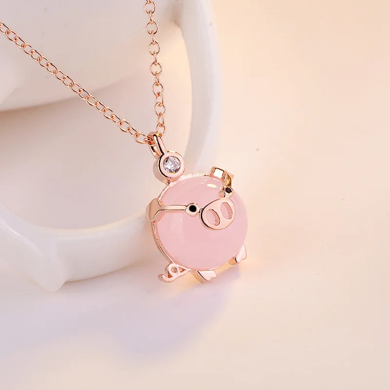 Collier Cochons Quartz Rose Plaqué Or