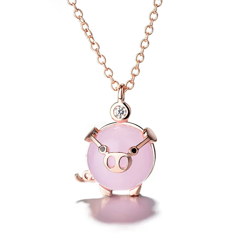 Collier Cochons Quartz Rose Plaqué Or