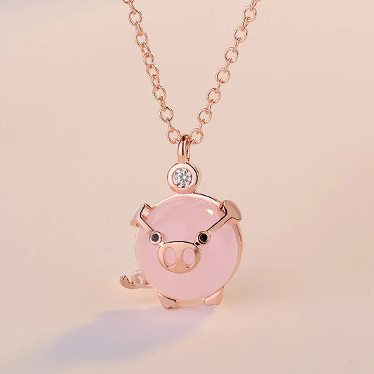 Collier Cochons Quartz Rose Plaqué Or