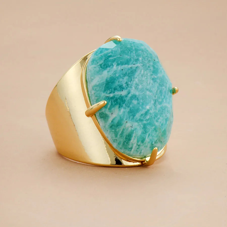 Bague Amazonite Grosse Pierre Plaquée Or