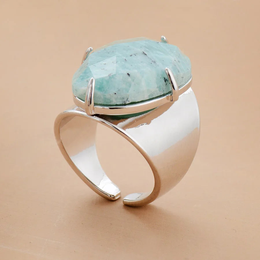 Bague Amazonite Grosse Pierre Plaquée Or