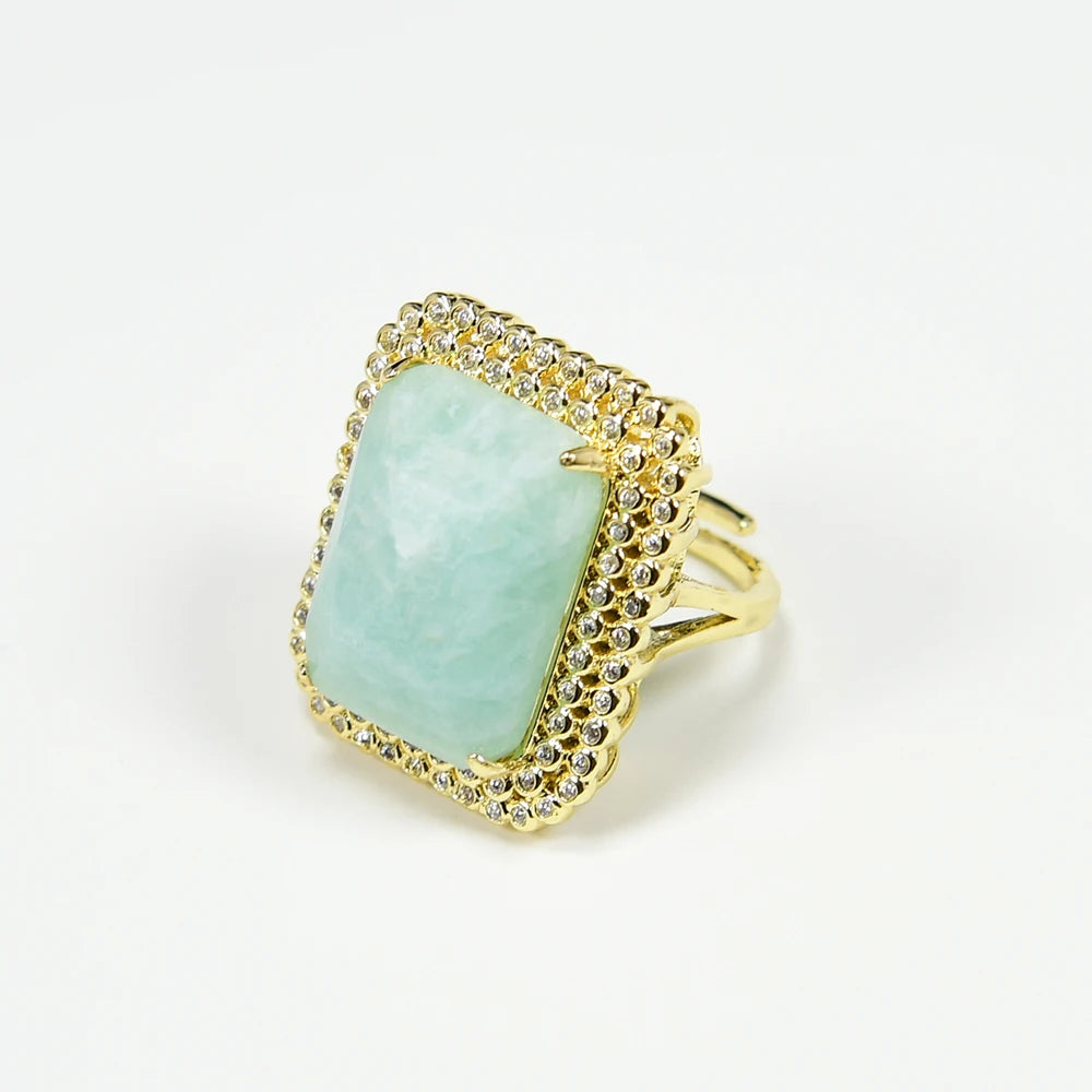 Bague Amazonite Rectangulaire CZ Plaqué Or Ajustable