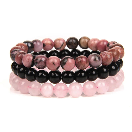 Lot de 3 Bracelets (8 mm) – Rhodonite, Quartz Rose, Améthyste, Hématite