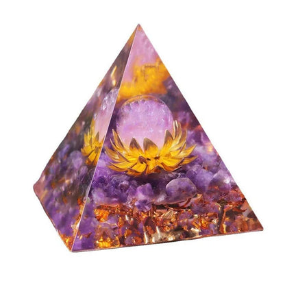 Pyramide Orgonite Lotus Améthyste & Obsidienne