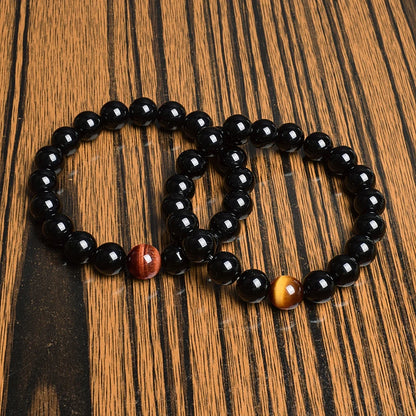 Bracelet Agate Noire & Œil de Tigre Rouge (6-12 mm)