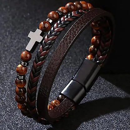 Bracelet Cuir Multi-Rangs & Œil de Tigre