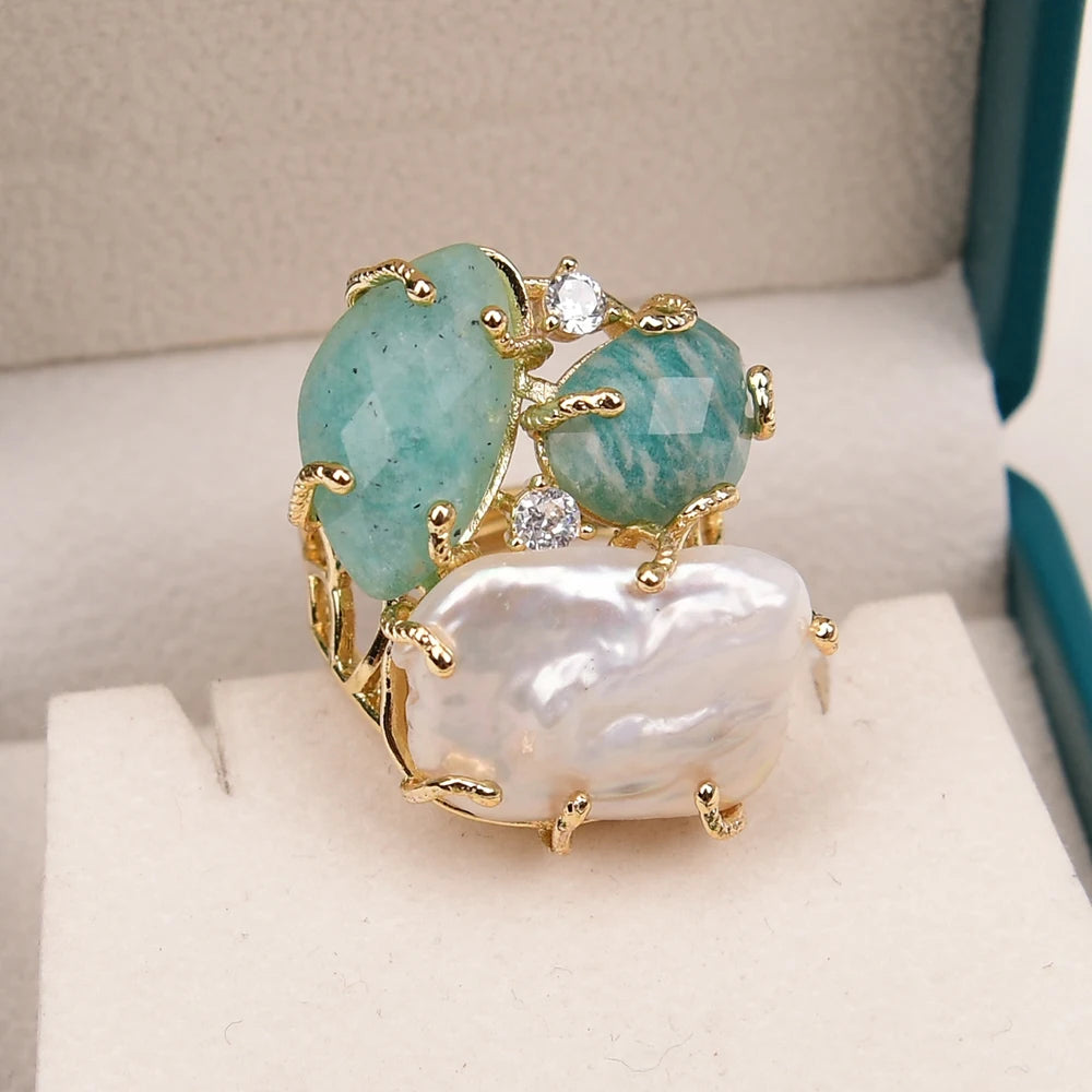 Bague Amazonite Perle Plaqué Or Ajustable