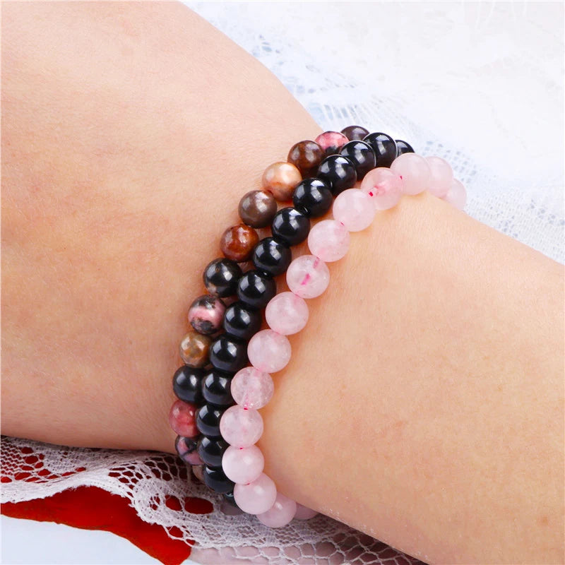 Lot de 3 Bracelets (8 mm) – Rhodonite, Quartz Rose, Améthyste, Hématite