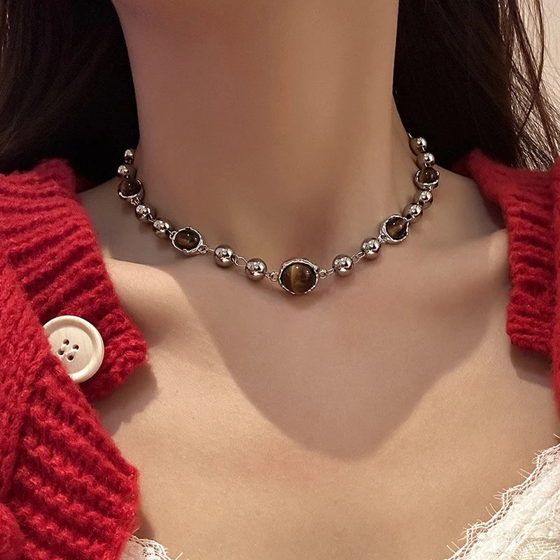 Collier Punk Œil de Tigre avec Pendentif