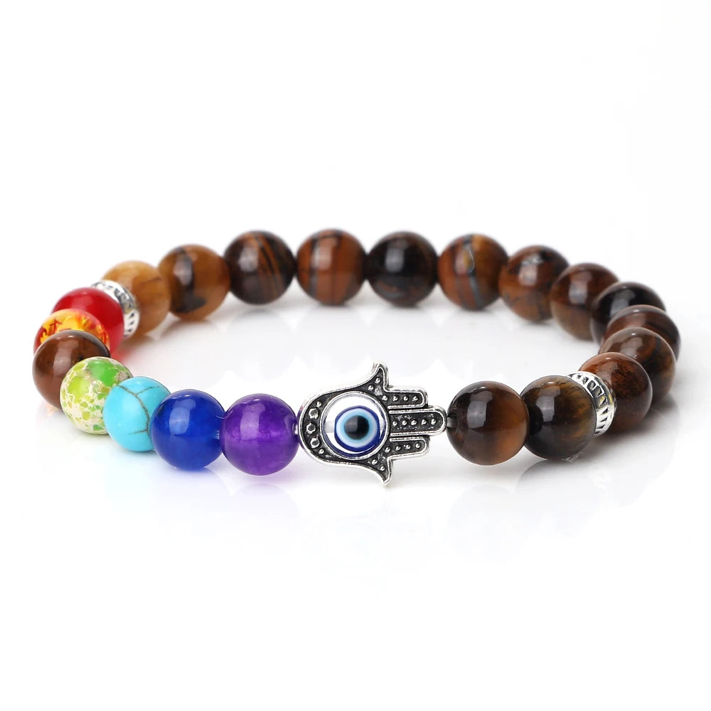 Bracelet 7 Chakras – Œil de Tigre & Lave