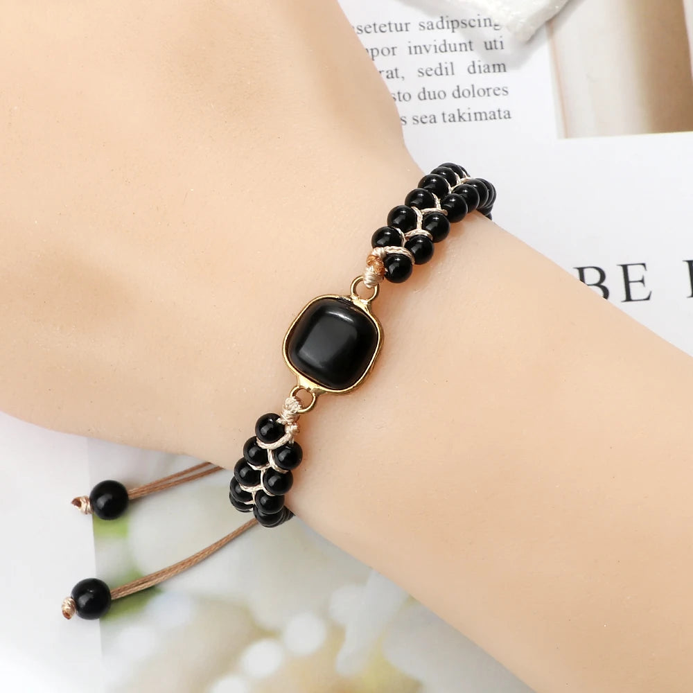 Bracelet Tressé Onyx 4 mm & Obsidienne – Ajustable