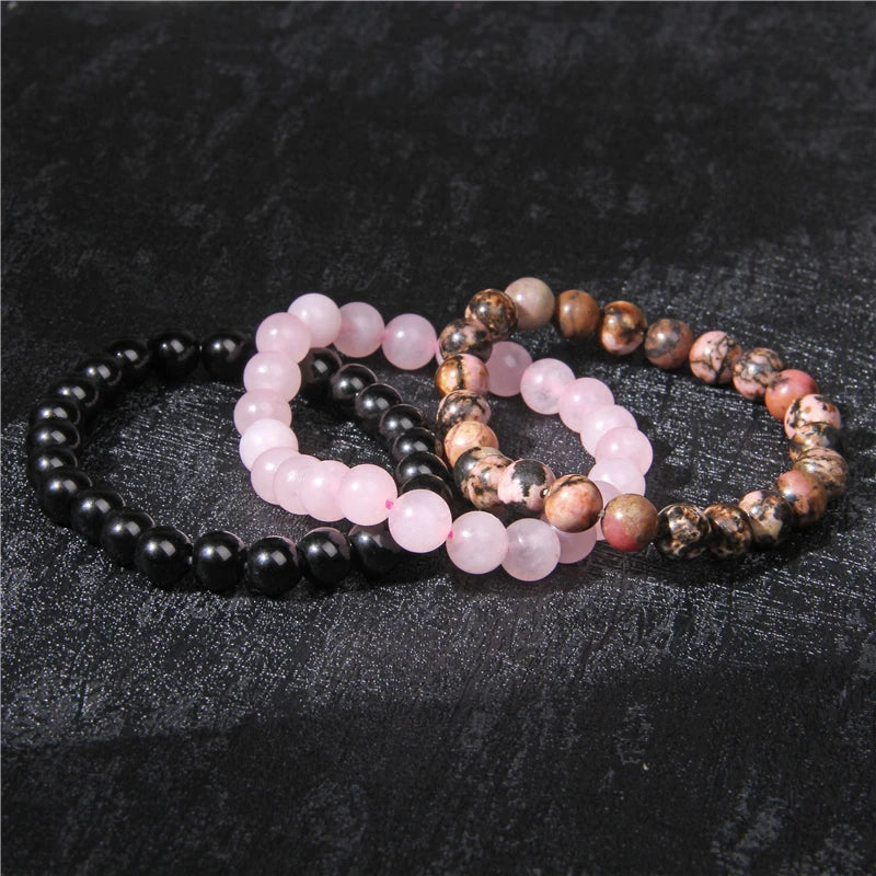 Lot de 3 Bracelets (8 mm) – Rhodonite, Quartz Rose, Améthyste, Hématite