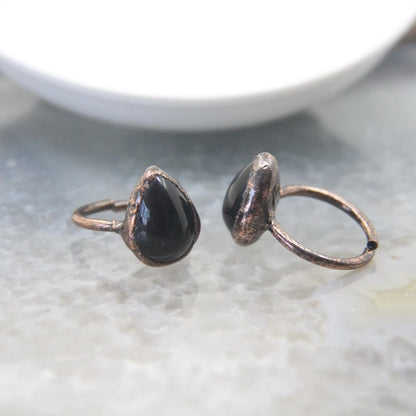 Bague Obsidienne Goutte Cuivre Antique Ajustable