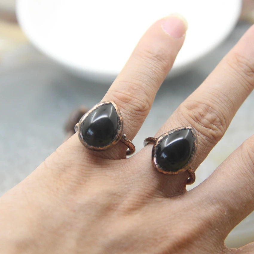 Bague Obsidienne Goutte Cuivre Antique Ajustable