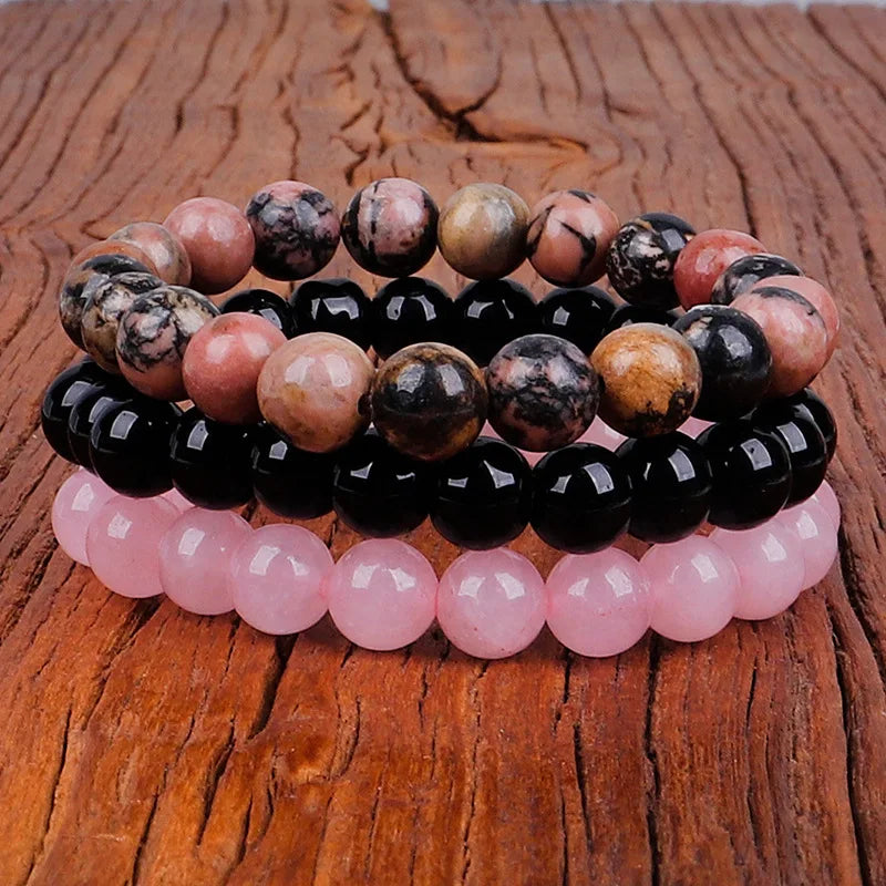 Lot de 3 Bracelets (8 mm) – Rhodonite, Quartz Rose, Améthyste, Hématite