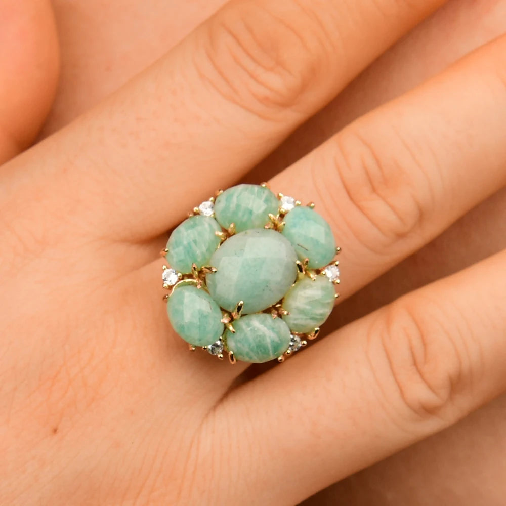 Bague Amazonite CZ Plaqué Or Ajustable