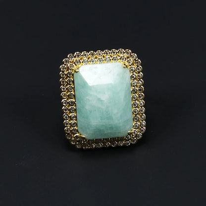 Bague Amazonite Rectangulaire CZ Plaqué Or Ajustable