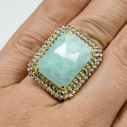 Bague Amazonite Rectangulaire CZ Plaqué Or Ajustable