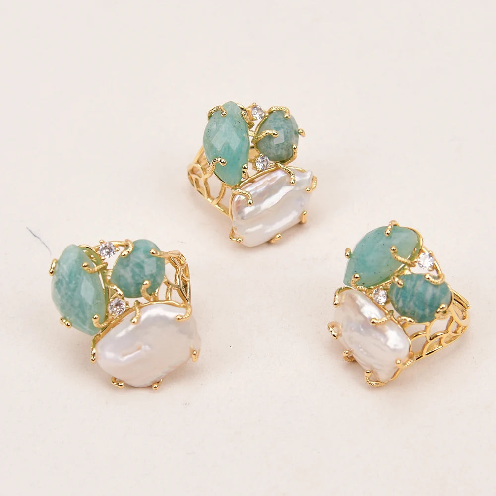 Bague Amazonite Perle Plaqué Or Ajustable