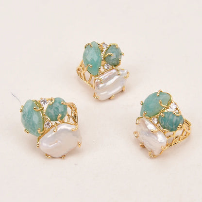 Bague Amazonite Perle Plaqué Or Ajustable