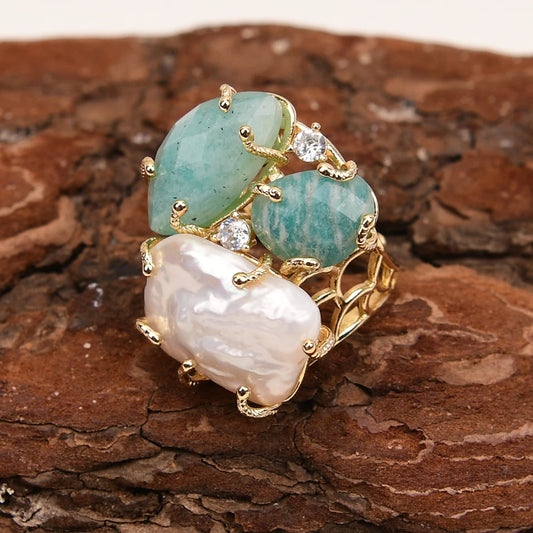 Bague Amazonite Perle Plaqué Or Ajustable