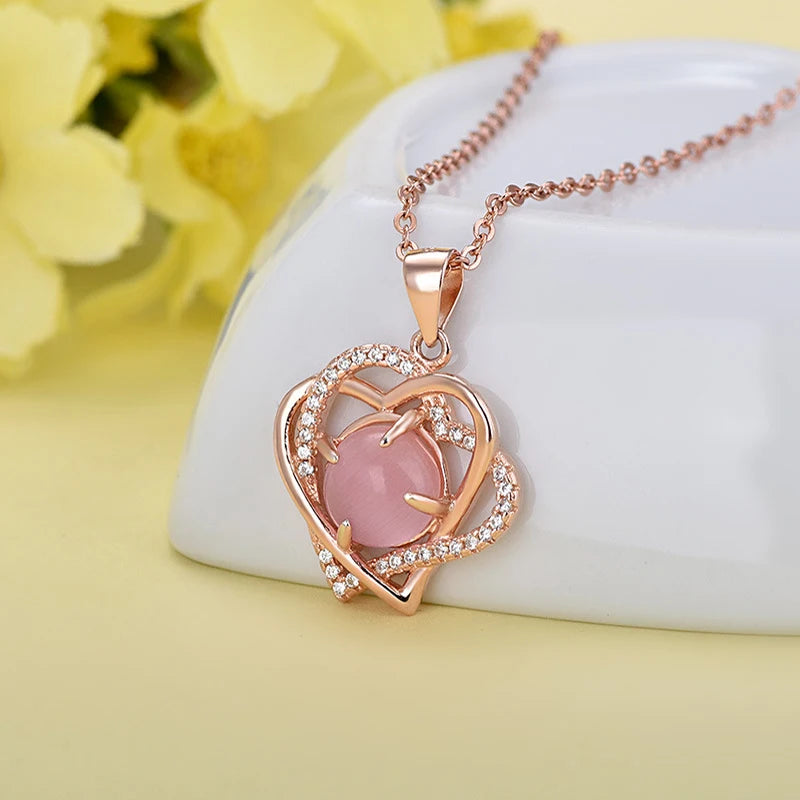 Collier Cœur Quartz Rose Zircon Argent