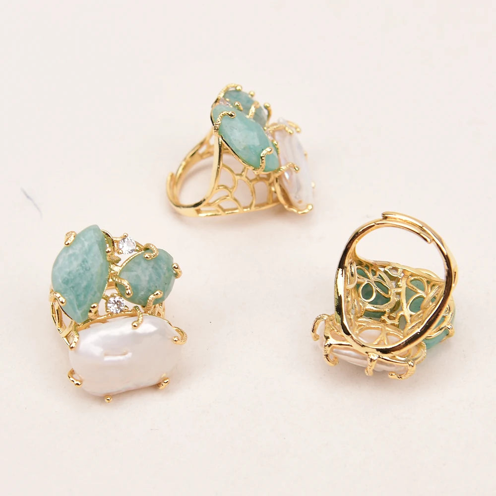 Bague Amazonite Perle Plaqué Or Ajustable
