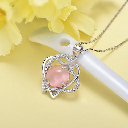 Collier Cœur Quartz Rose Zircon Argent