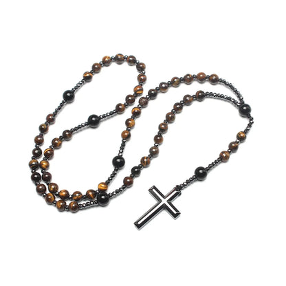 Collier Croix – Hématite & Œil de Tigre