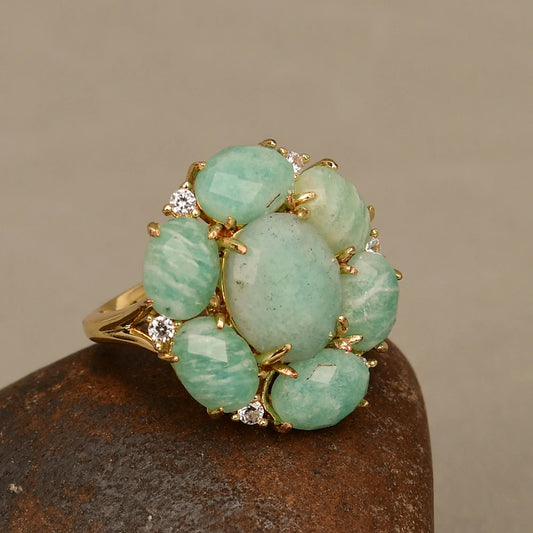 Bague Amazonite CZ Plaqué Or Ajustable