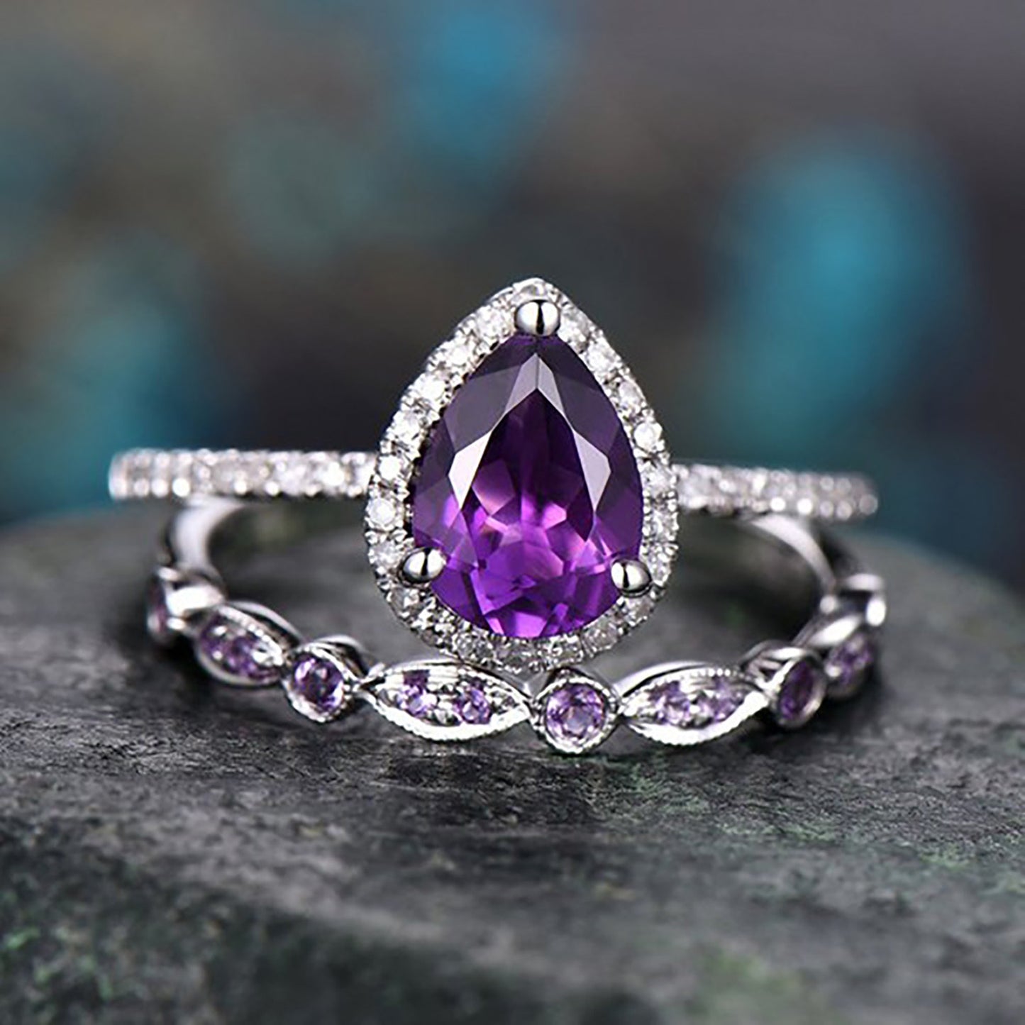 Bague Goutte Améthyste Zircon Ensemble