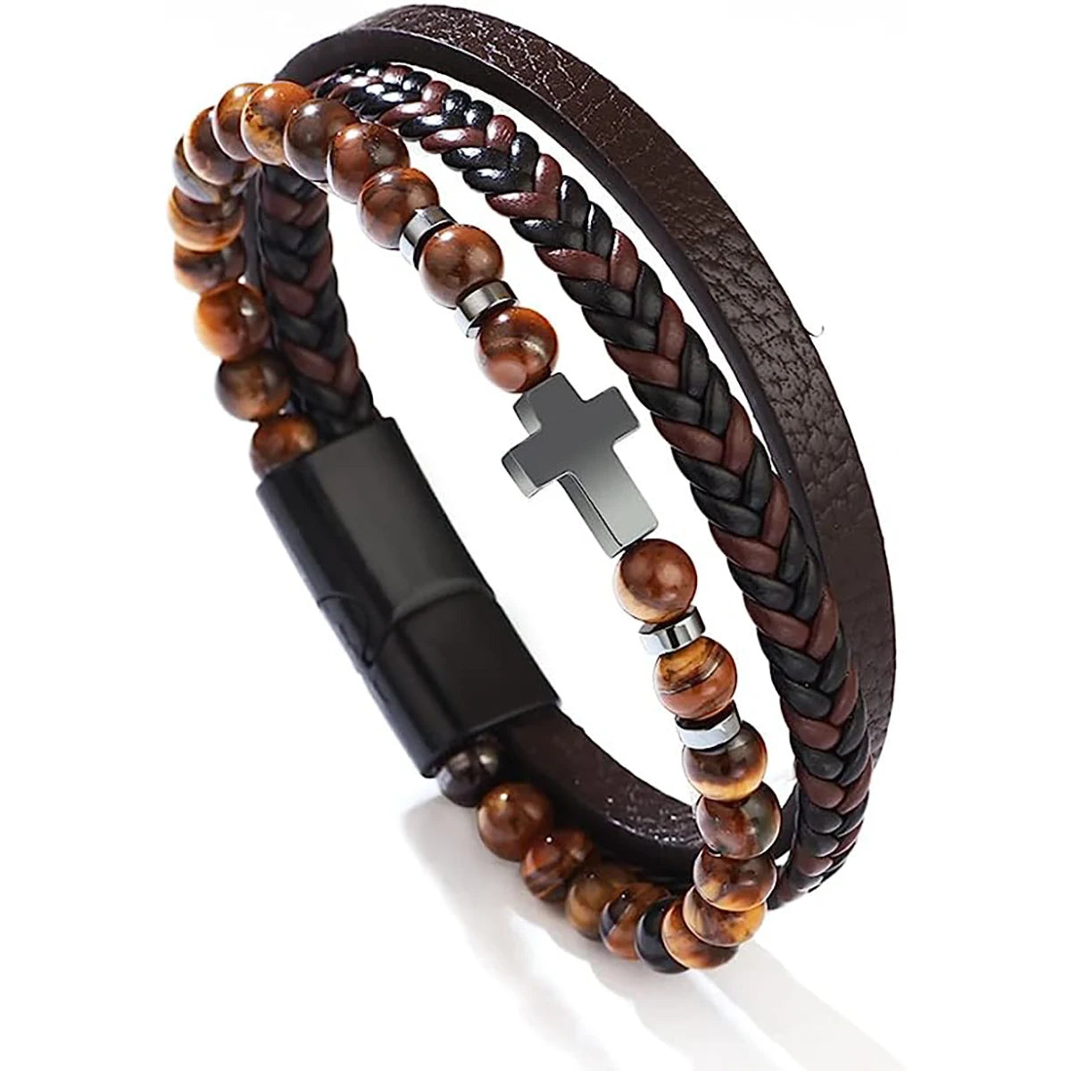 Bracelet Cuir Multi-Rangs & Œil de Tigre