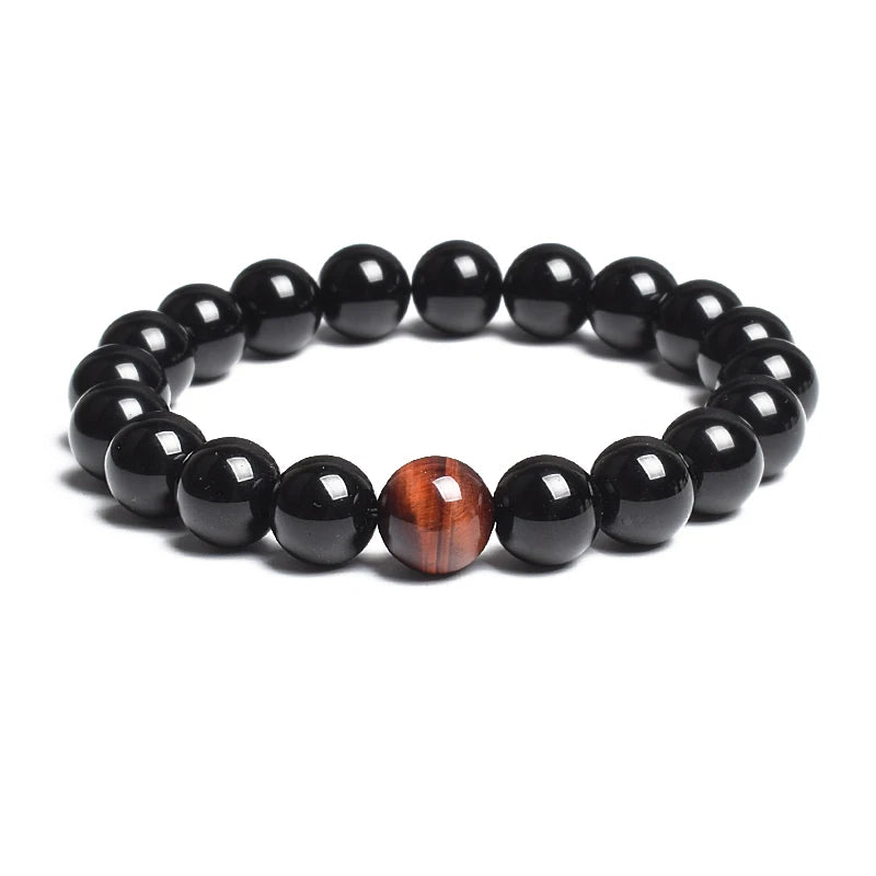 Bracelet Agate Noire & Œil de Tigre Rouge (6-12 mm)