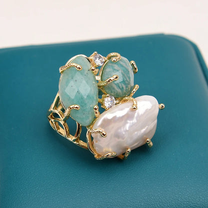 Bague Amazonite Perle Plaqué Or Ajustable