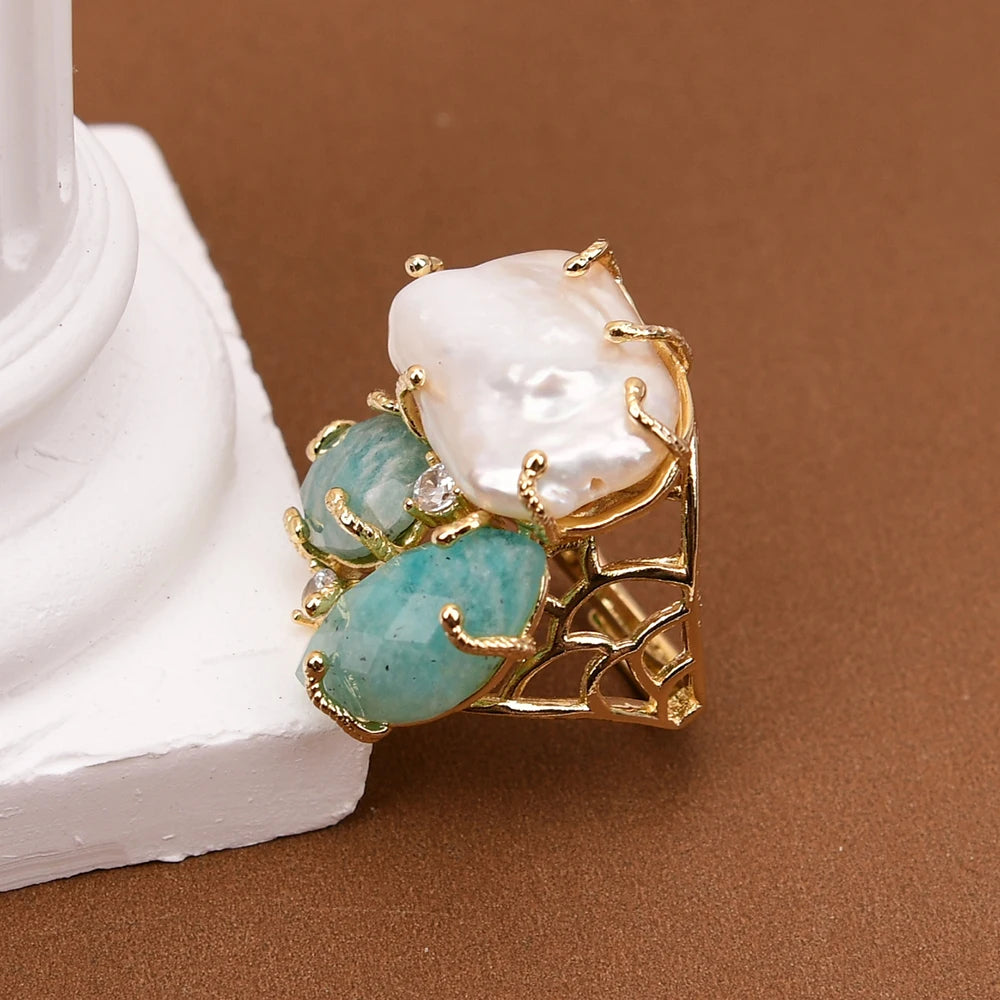 Bague Amazonite Perle Plaqué Or Ajustable