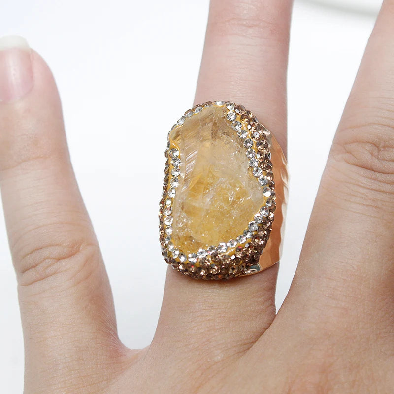 Bague Ouverte Citrine Brute Incrustée