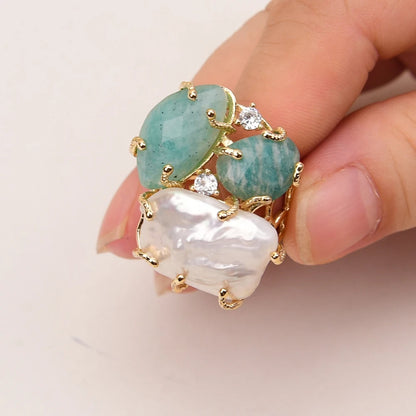 Bague Amazonite Perle Plaqué Or Ajustable