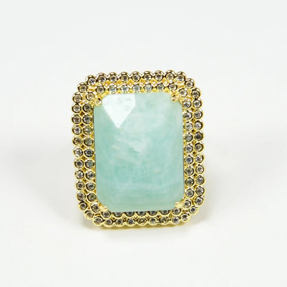 Bague Amazonite Rectangulaire CZ Plaqué Or Ajustable