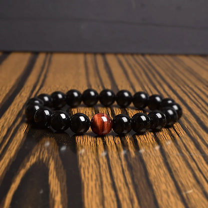 Bracelet Agate Noire & Œil de Tigre Rouge (6-12 mm)