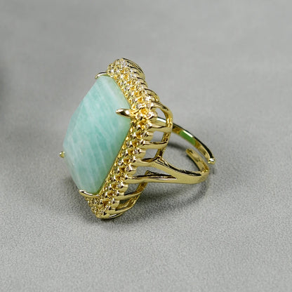 Bague Amazonite Rectangulaire CZ Plaqué Or Ajustable