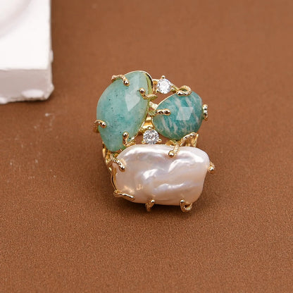 Bague Amazonite Perle Plaqué Or Ajustable