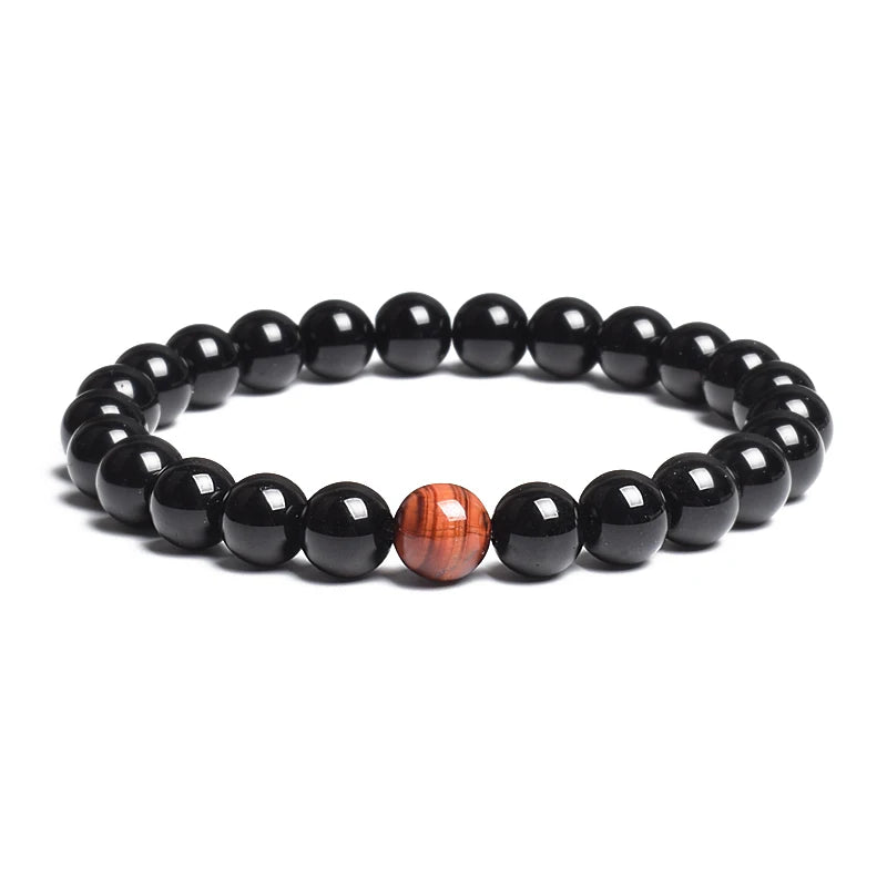 Bracelet Agate Noire & Œil de Tigre Rouge (6-12 mm)