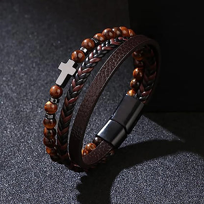 Bracelet Cuir Multi-Rangs & Œil de Tigre