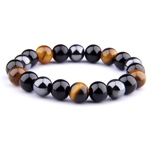 Bracelet Obsidienne, Hématite & Œil de Tigre (6-10 mm)