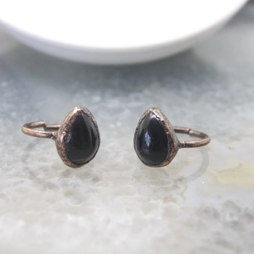 Bague Obsidienne Goutte Cuivre Antique Ajustable