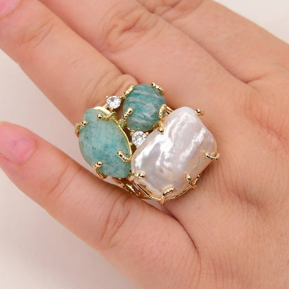 Bague Amazonite Perle Plaqué Or Ajustable