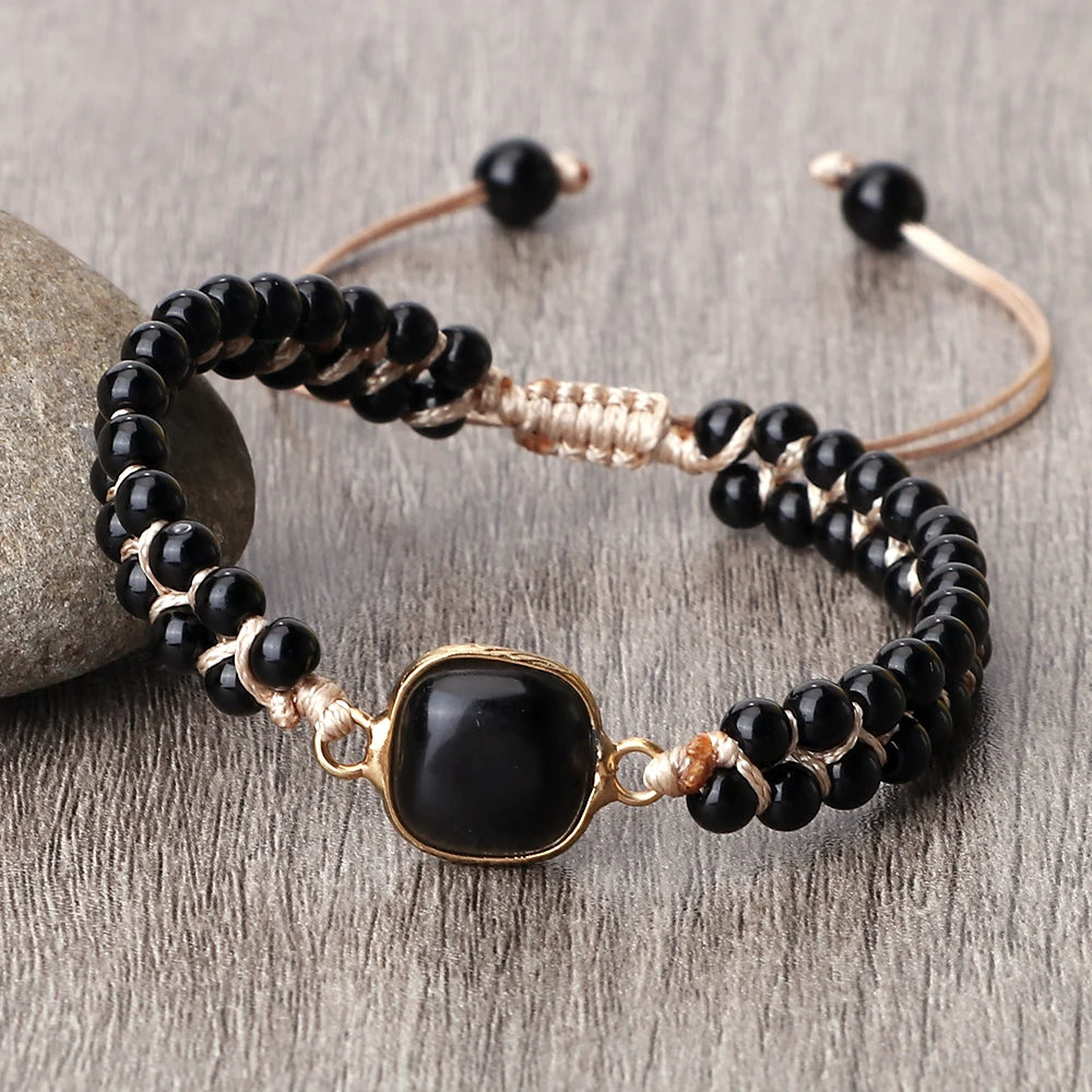 Bracelet Tressé Onyx 4 mm & Obsidienne – Ajustable