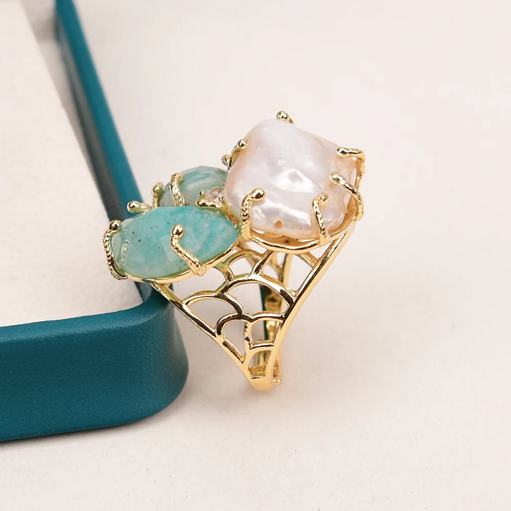 Bague Amazonite Perle Plaqué Or Ajustable